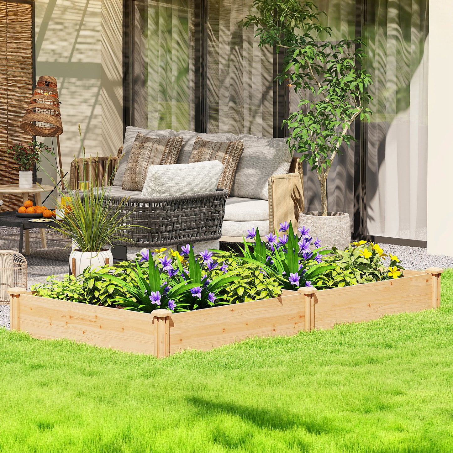 Outsunny Raised Garden Bed Wooden Planter Box With Divider Open Bottom For Flowers Herbs Vegetables DIY Painting