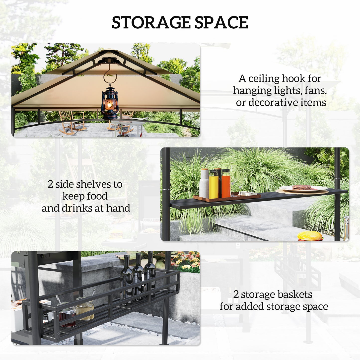 Outsunny 8x5 Outdoor Grill Gazebo Canopy With Double Tier Two Side Shelves Storage Baskets Beige