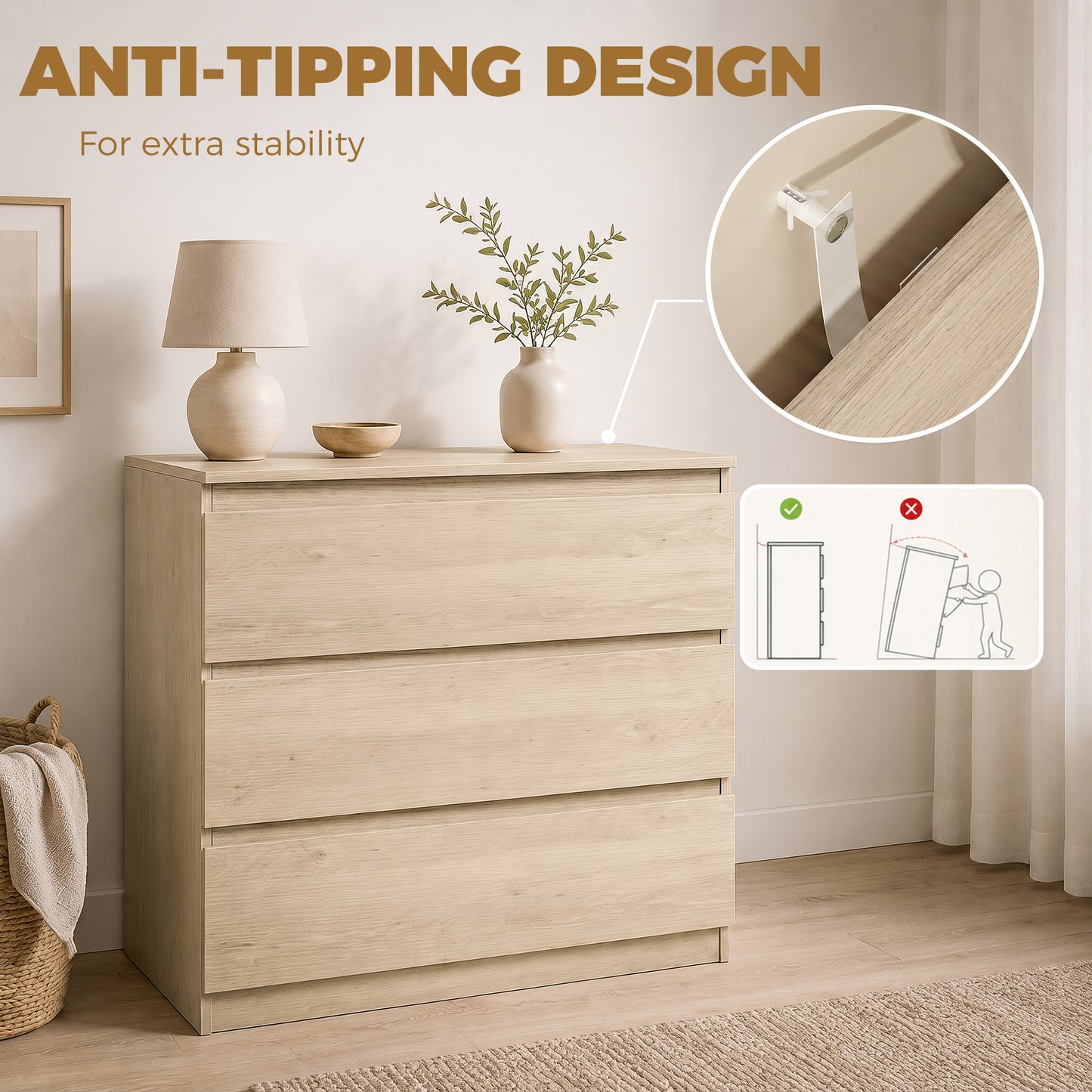 HOMCOM 3 Drawer Storage Organiser Unit Oak Chest Of Drawers For Bedroom Living Room 80x39x73 cm