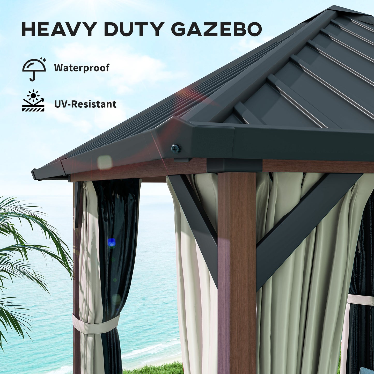 Outsunny 3x3m Hardtop Gazebo With Galvanised Roof Water Gutter Netting And Curtains For Patio Deck Walnut Wood Finish