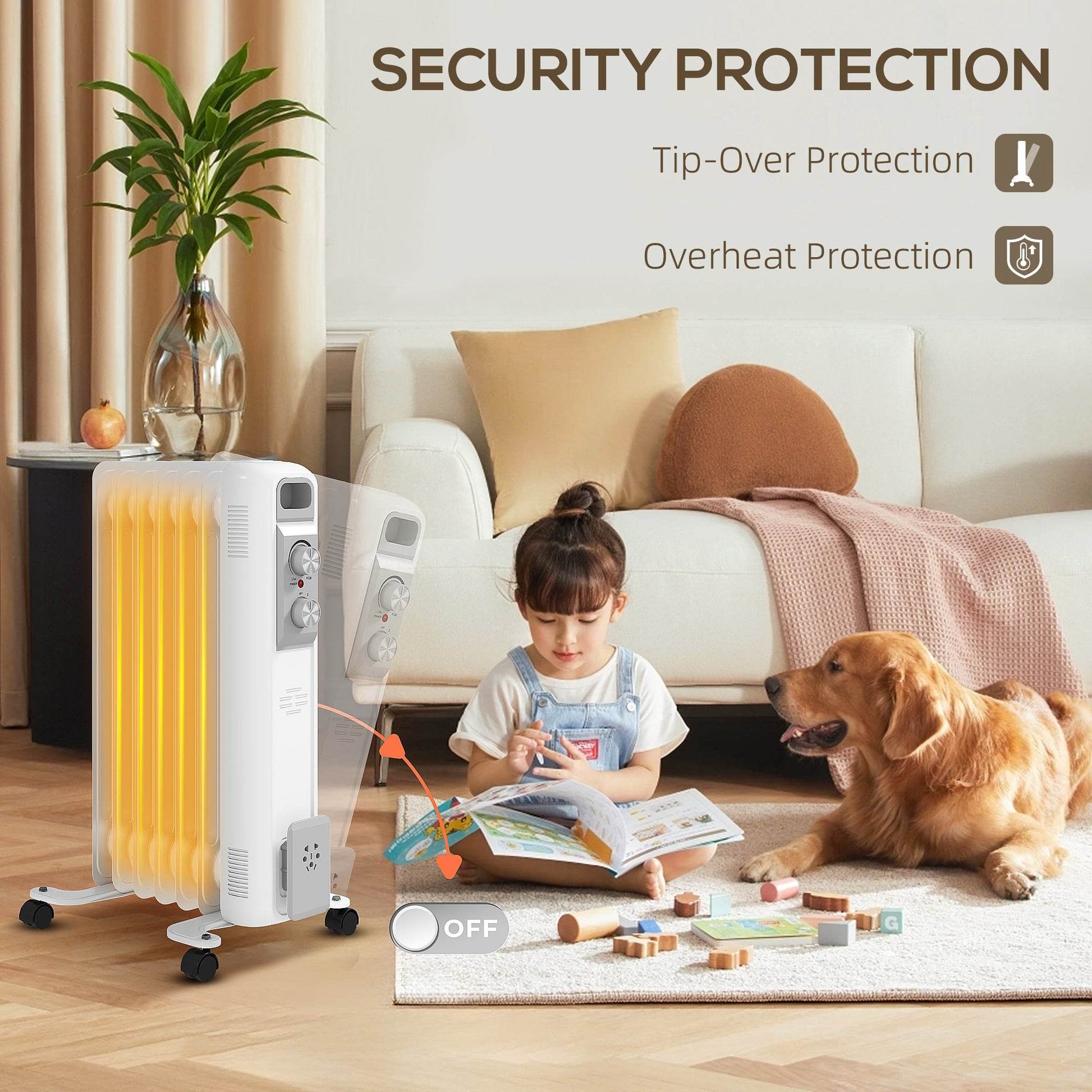 HOMCOM 1500W Nine Fin Oil-Filled Radiator Heater - White - ALL4U RETAILER LTD