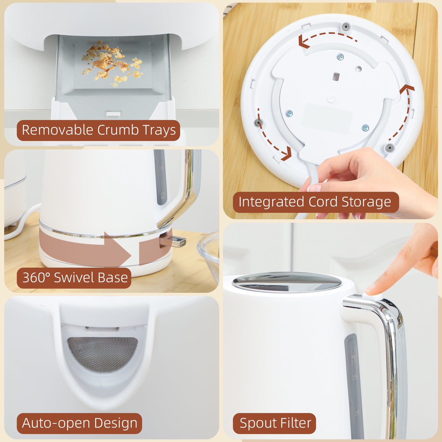 HOMCOM Kettle and Toaster Set 1.7L 3000W Boil Kettle and 2 Slice Toaster White with 6 Browning Levels Defrost Reheat