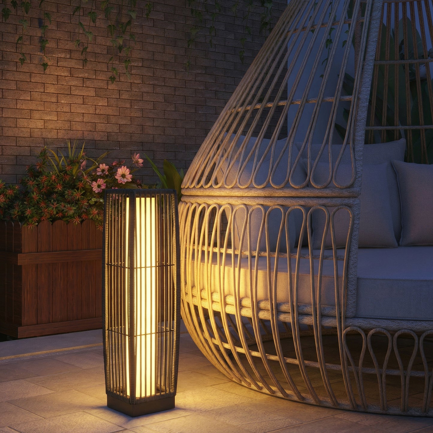Outsunny Solar Rattan Floor Lamp Outdoor Garden Lantern With Auto On Off LED Lights IP44 Patio Terrace Dark Grey