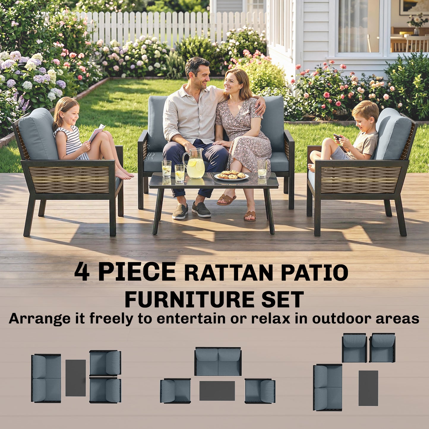 Outsunny 4 Seater Rattan Garden Furniture Set With Two Armchairs Loveseat And Coffee Table Grey Cushions