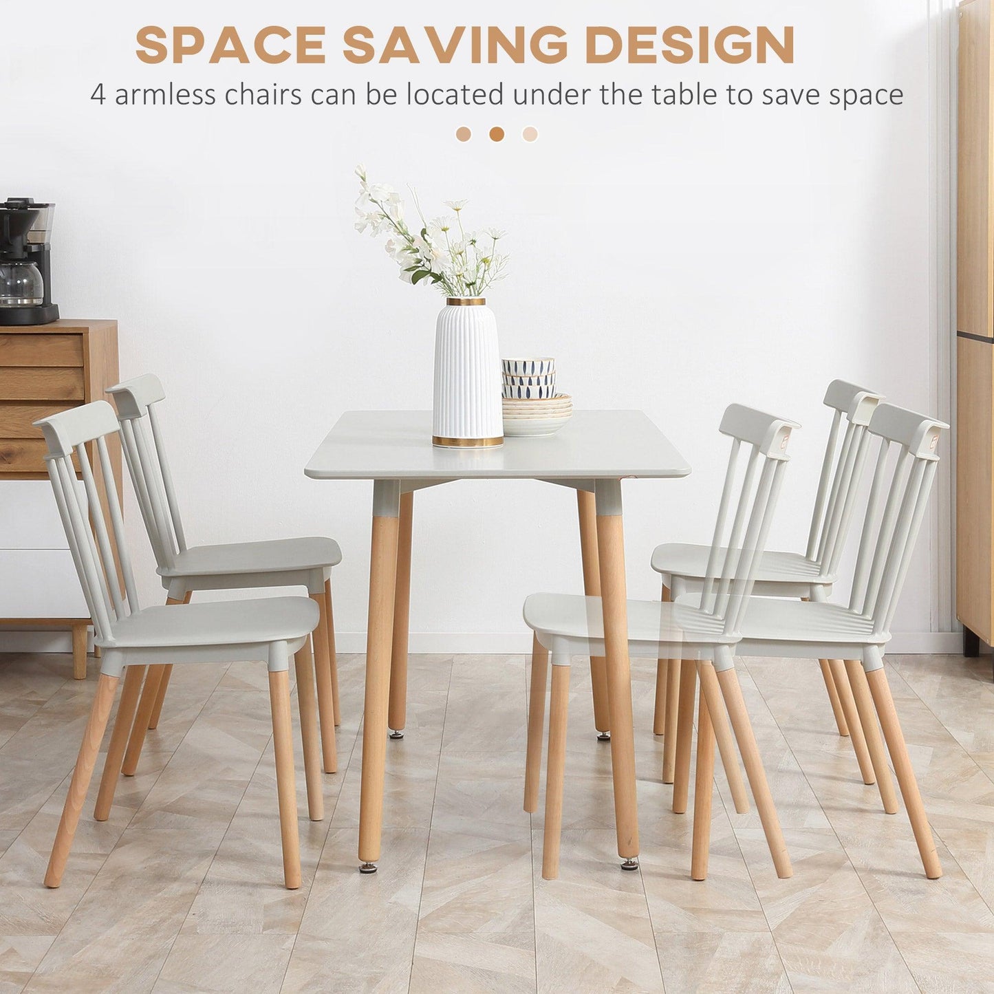 HOMCOM 5 Piece Dining Table Set with Beech Wood Legs, Space Saving Table and 4 Chairs for Small Kitchens, Grey - ALL4U RETAILER LTD