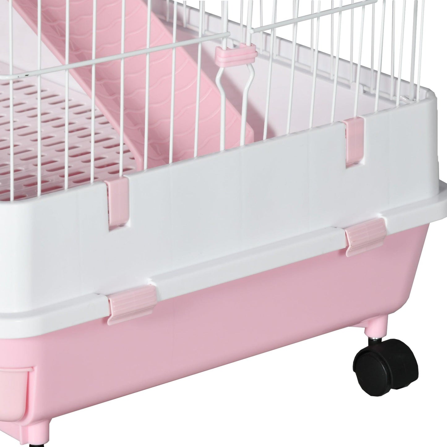 PawHut Small Animal Cage Indoor Bunny House with Wheels, Pink - ALL4U RETAILER LTD