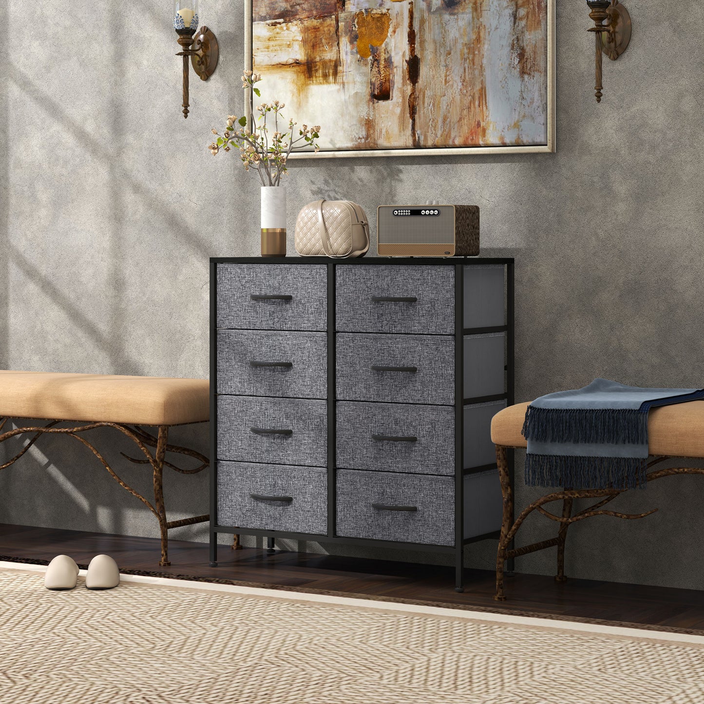 HOMCOM Fabric Chest Of Drawers With 8 Fabric Drawers Steel Frame Wooden Top For Nursery Living Room Hallway Black