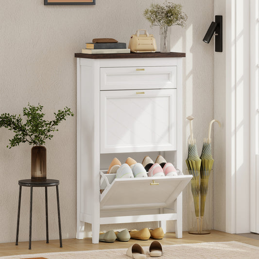 HOMCOM Farmhouse Narrow Shoe Storage Cabinet With 2 Flip Drawers And Adjustable Shelves White