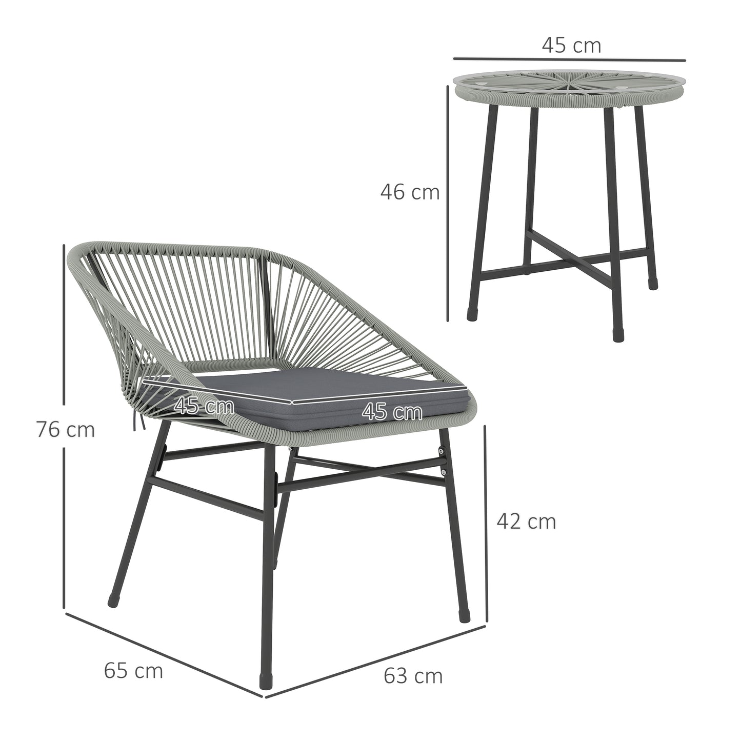 Outsunny 3 Piece Rattan Bistro Set With Cushioned Chairs Glass Top Table Outdoor Patio Balcony Light Grey