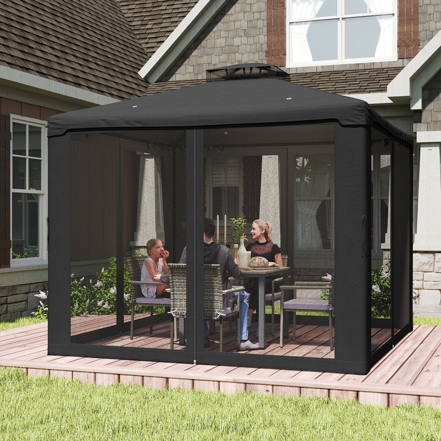Outsunny 3x3m Metal Gazebo Garden Pavilion With Double Roof Outdoor Canopy Shelter And Mesh Sidewalls Black