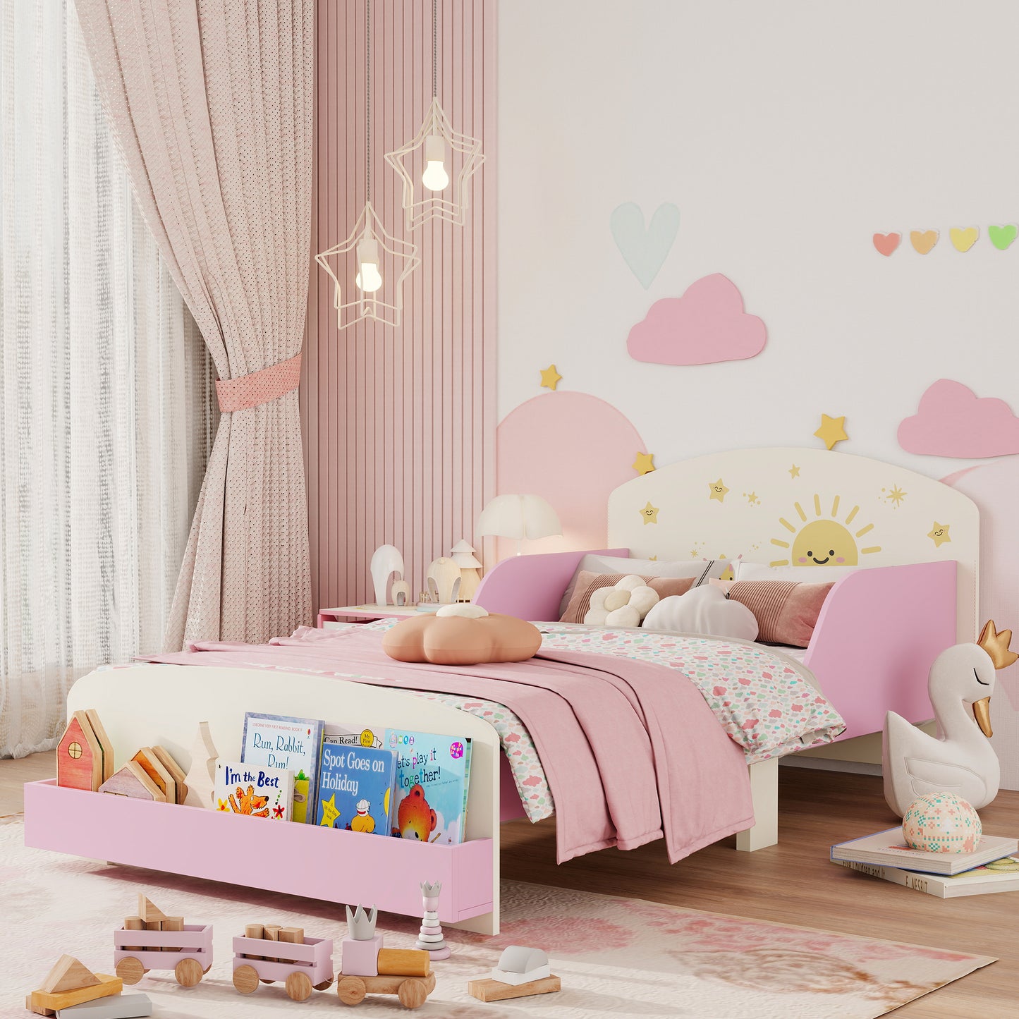 AIYAPLAY Toddler Bed With Storage And Guardrails Sun Design Fits 140 x 70cm Mattress For Ages 3-8