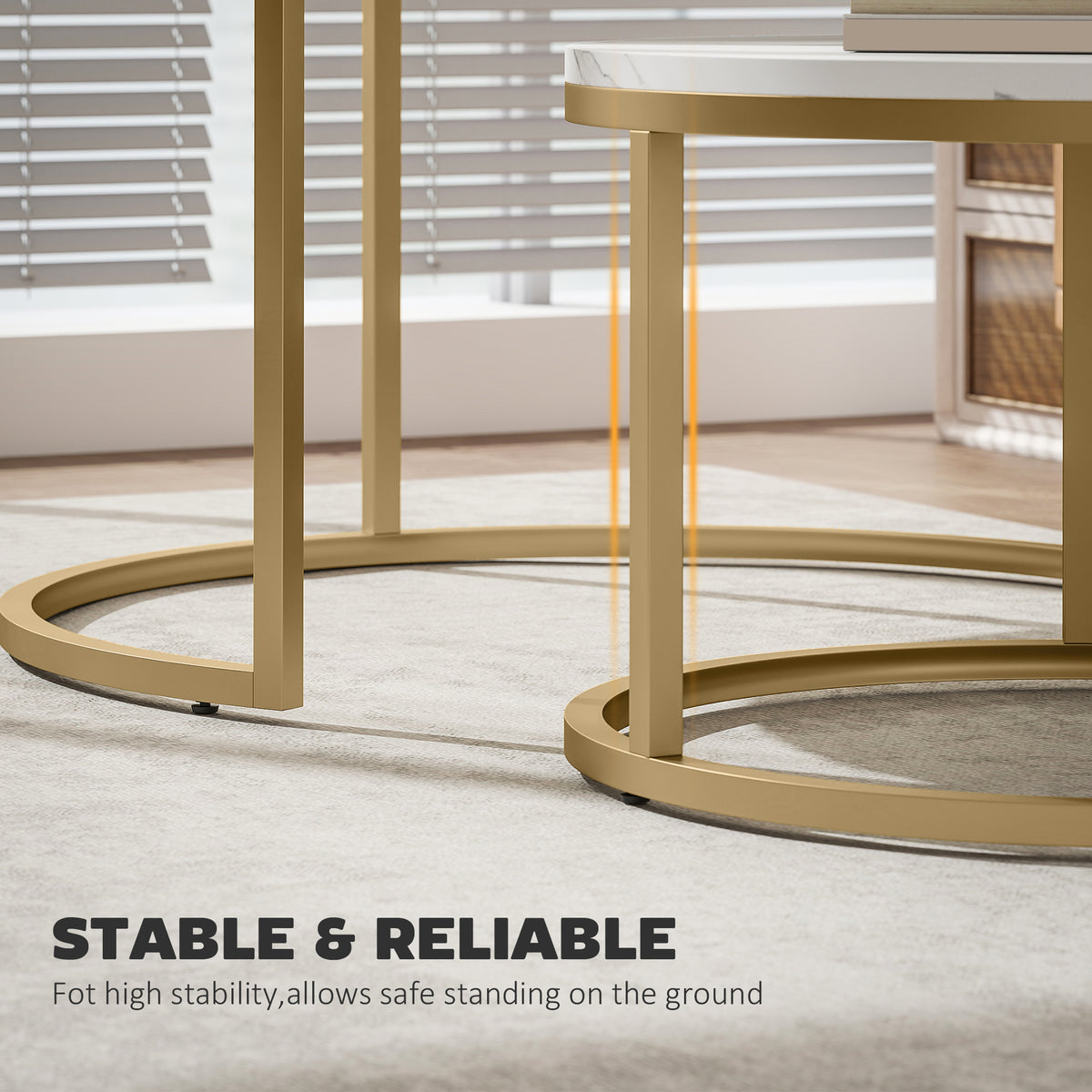 Nesting coffee table set with gold steel base and white marble-look tops