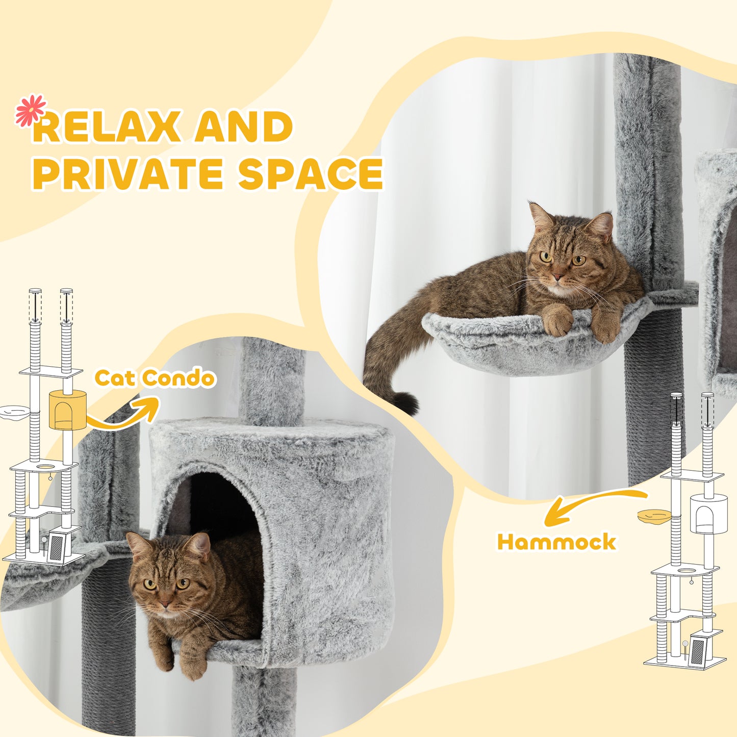 PawHut Adjustable Height Cat Tower with Scratching Posts, Condo, and Ramp - Floor-to-Ceiling Design