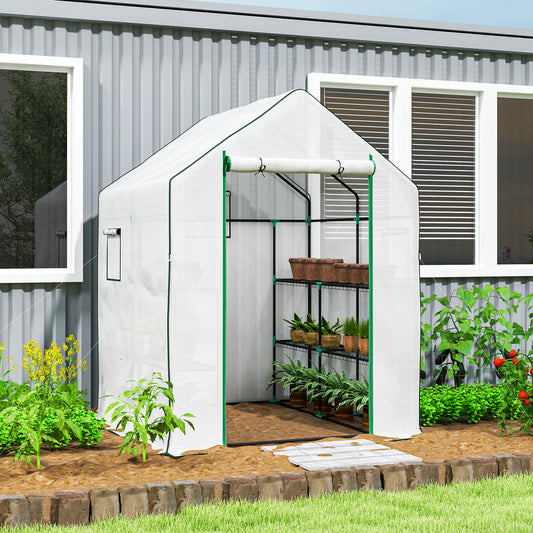 Outsunny Walk In Plastic Greenhouse 143x140 cm With Four Shelves On Each Side Roll Up Door UV Resistant Cover White