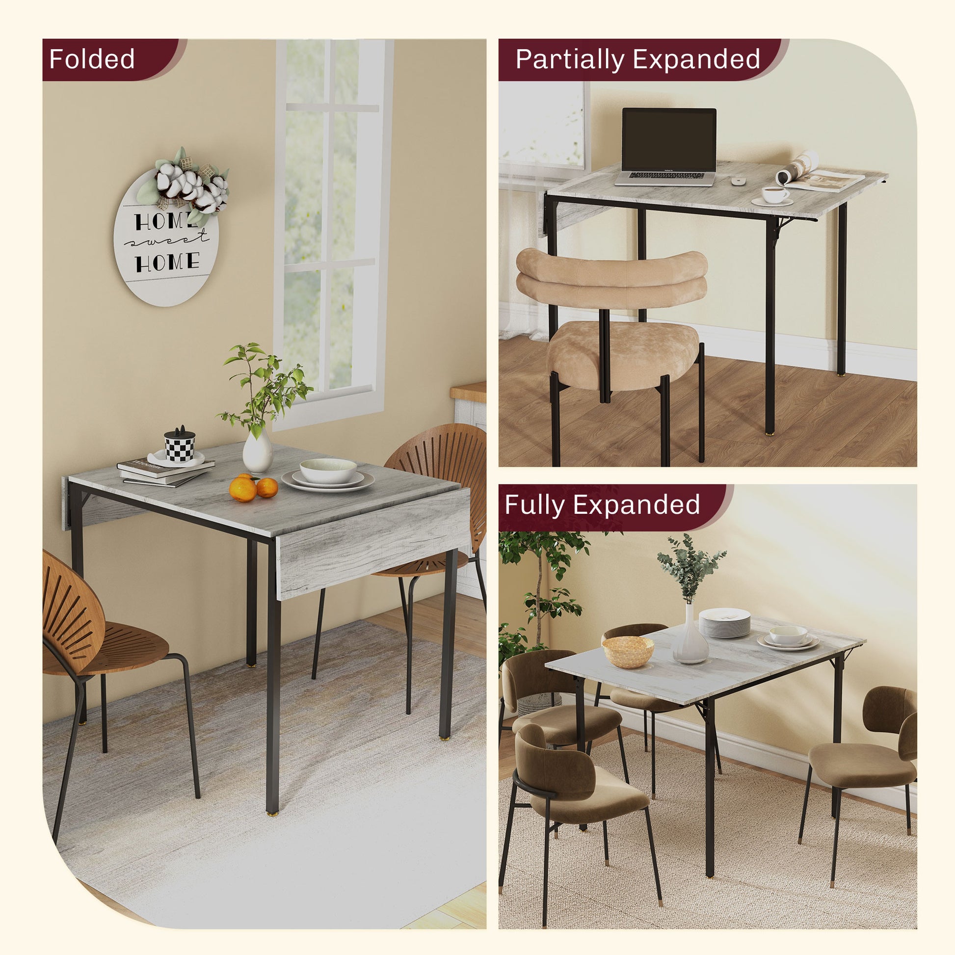 HOMCOM Expandable Grey Drop Leaf Folding Table for Small Spaces - Seats 2 to 4 People - ALL4U RETAILER LTD