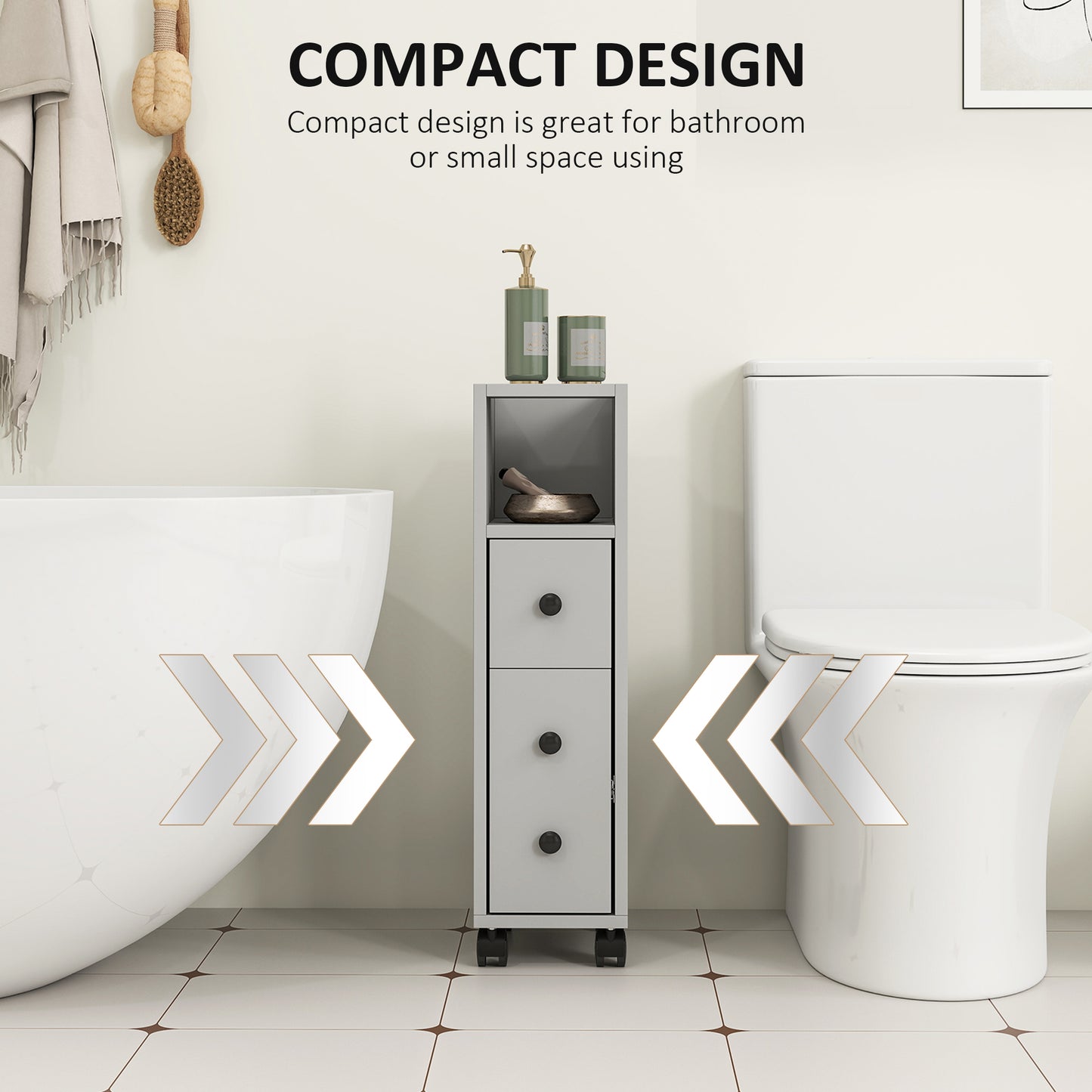 Kleankin Slimline Bathroom Storage Cabinet Grey With Top Drawer And Two Open Compartments