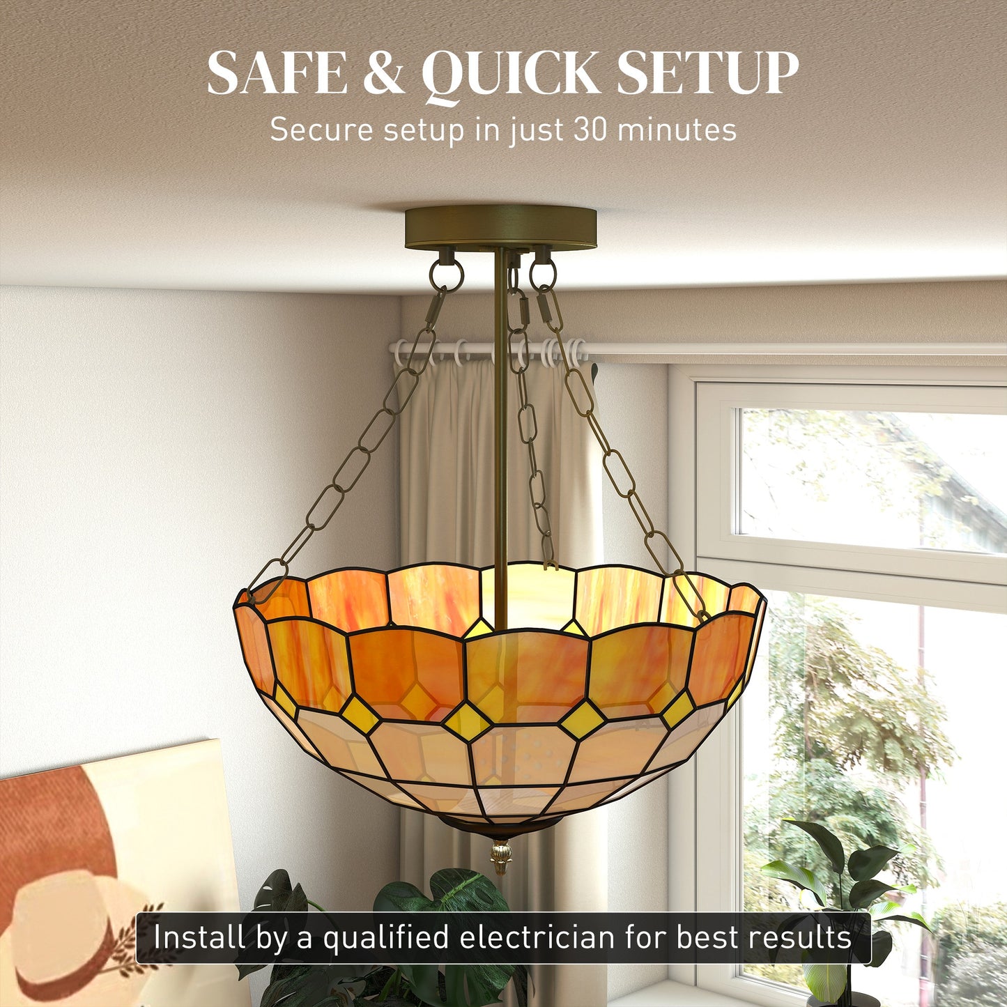 HOMCOM Tiffany Style Ceiling Light Vintage Chandelier With 3 E27 Sockets Semi Flush Mount For Living Room