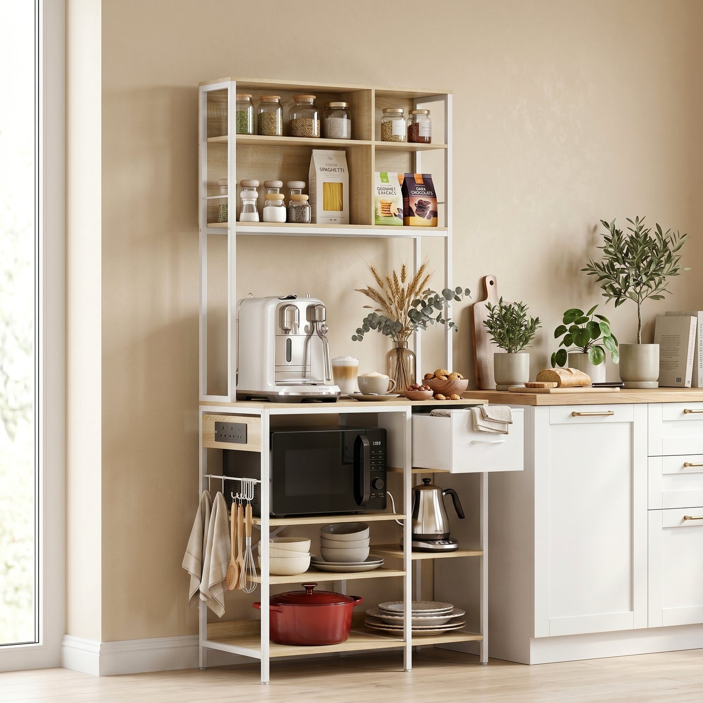 HOMCOM Kitchen Baker's Rack With Microwave Stand And Storage Shelves USB-C Charging Station 6 Hooks For Small Spaces