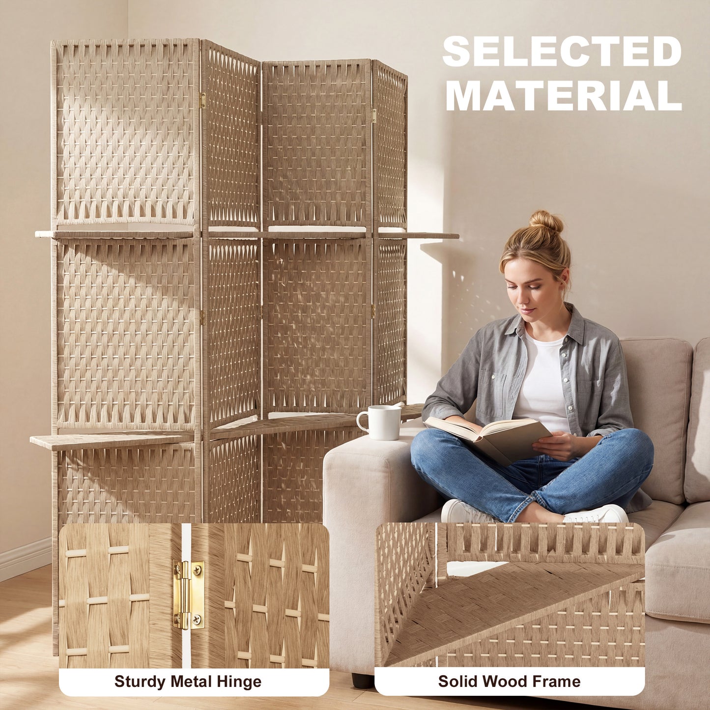 HOMCOM Wave Fibre Freestanding Folding Privacy Screen Panels Room Divider With Shelves Natural Wood Finish