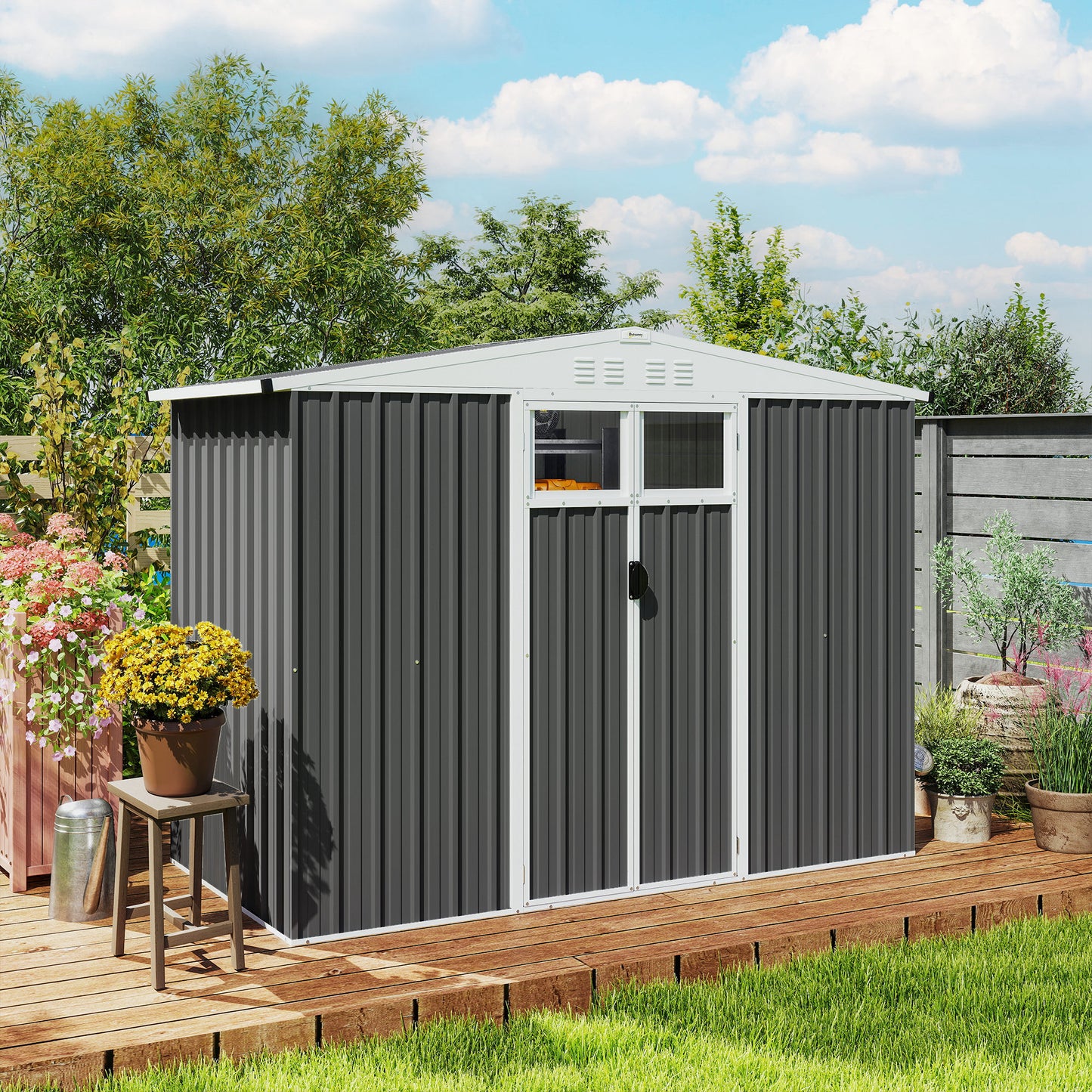 Outsunny 8x4 Ft Metal Garden Shed With Lockable Door Window And Four Vents Waterproof Galvanised Steel Dark Grey