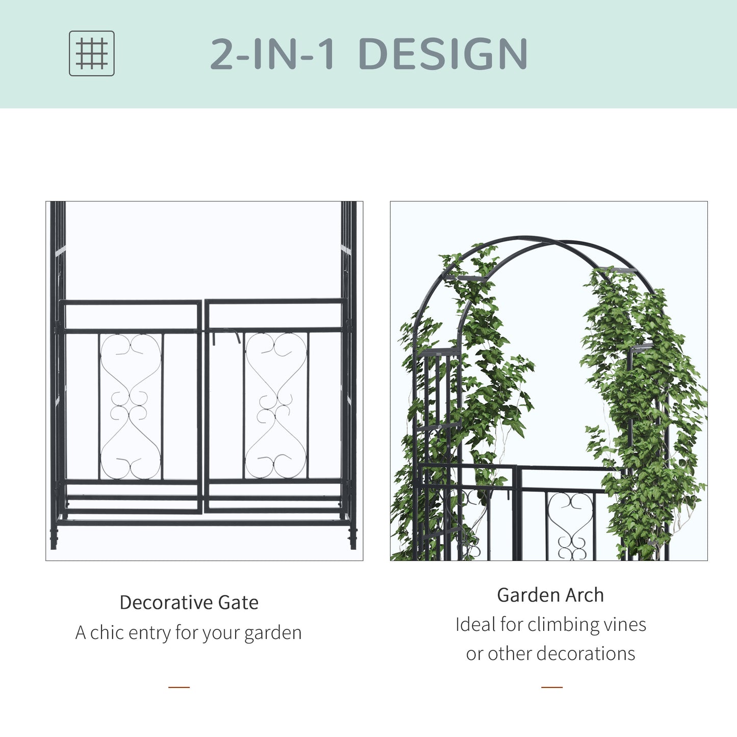 Outsunny Garden Arch With Gates Metal Arbor For Climbing Plants Roses Vines Wedding Arch 114L X 50W X 206H Cm Dark Grey