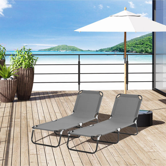 Outsunny Foldable Sun Lounger Set, Portable Sun Bed with Mesh Fabric, Grey - ALL4U RETAILER LTD