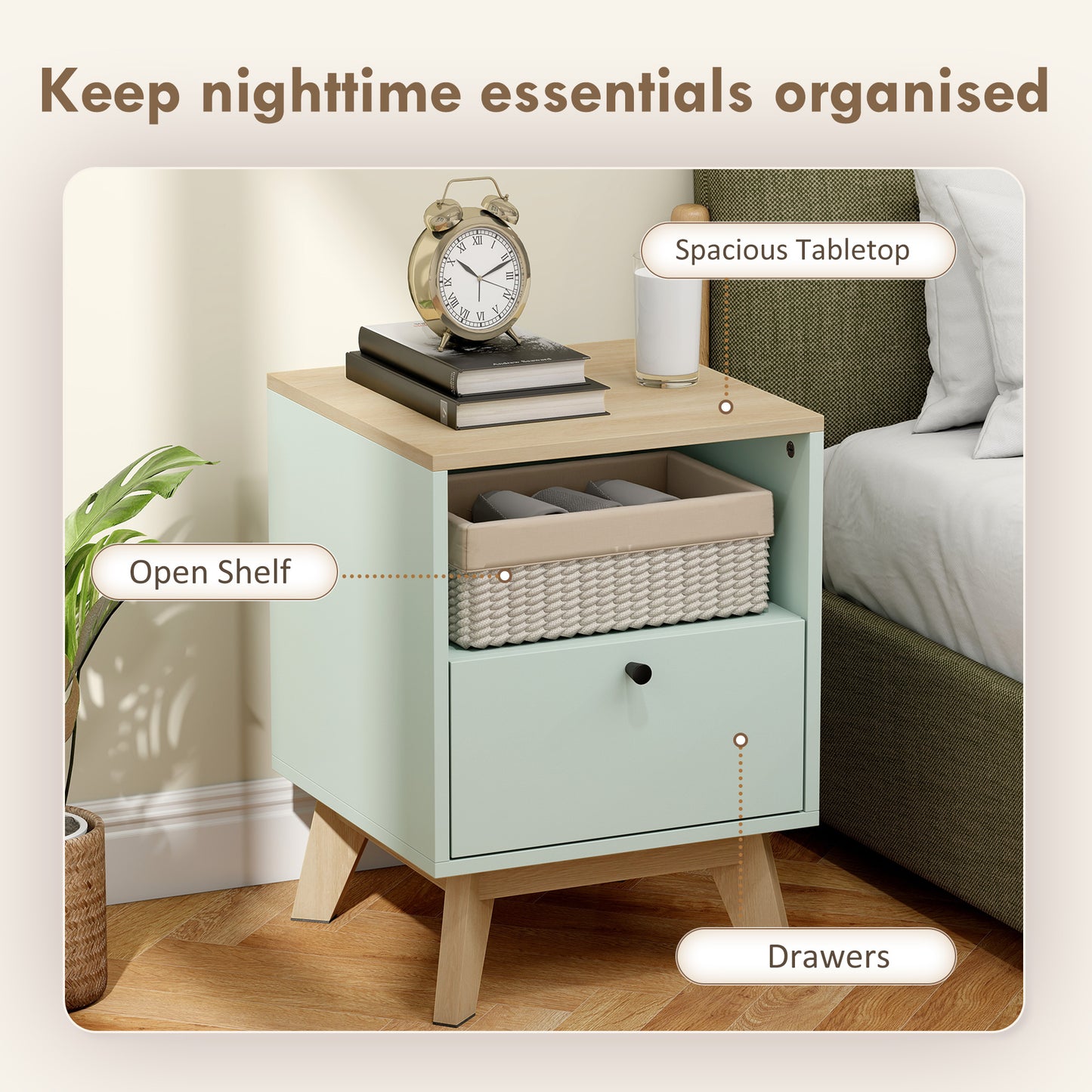 HOMCOM Modern Nightstand Set Of 2 Bedside Tables With Drawers And Open Shelf Light Green Finish