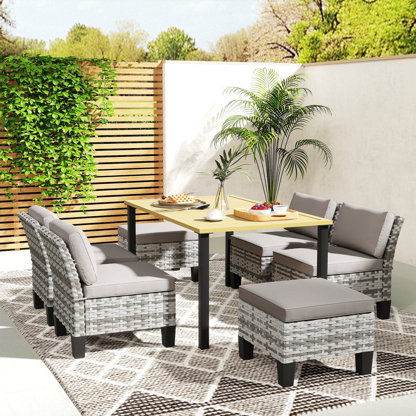 Outsunny Seven Piece Rattan Dining Set Grey Outdoor Patio Table With Parasol Hole