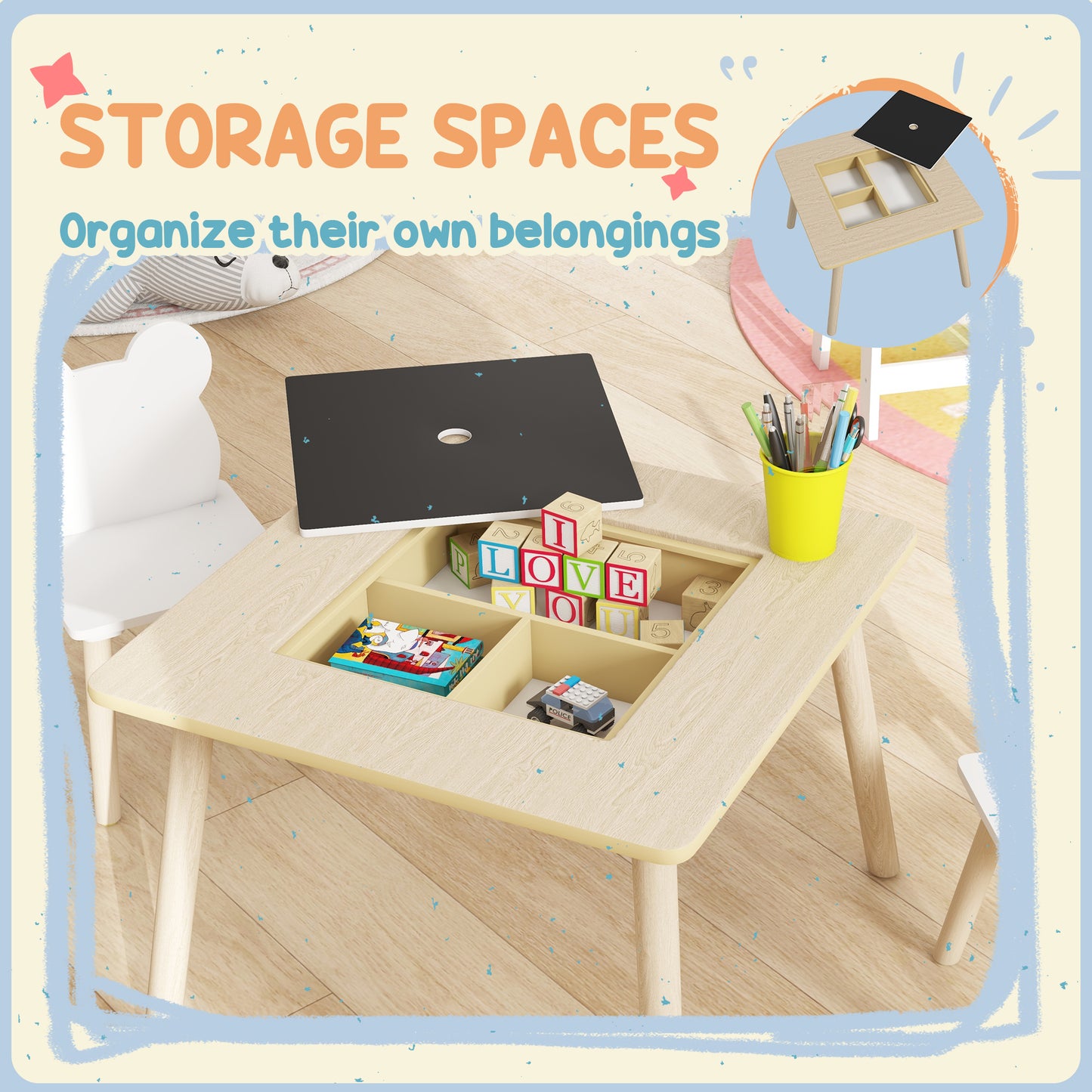 AIYAPLAY 3 Piece Kids Table And Chairs Set With Convertible Desk And Storage Grid For Nursery And Playroom