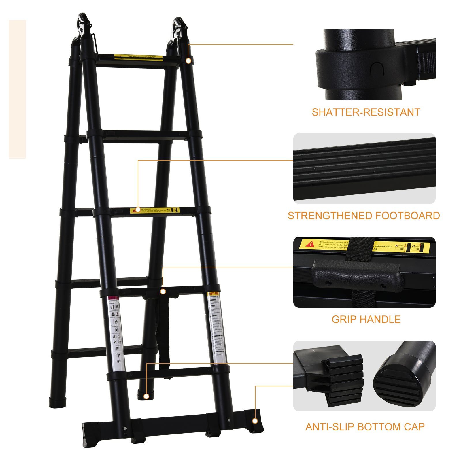 DURHAND 10-Step Extendable Aluminium Telescopic Ladder with Non-Slip Steps, 3.2m Multi-Purpose Folding Ladder, 150kg Capacity, EN131 Certified, Black - ALL4U RETAILER LTD