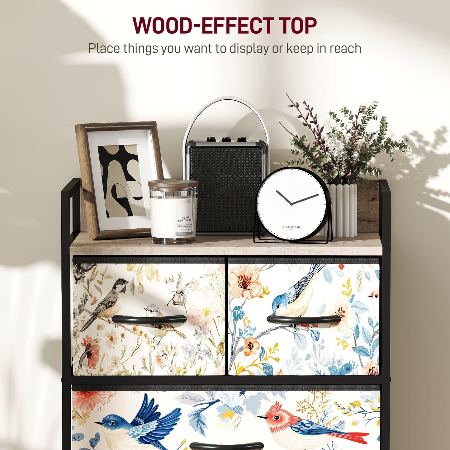 HOMCOM 4 Drawer Chest Of Drawers White With Removable Fabric Drawers And Patterned Panels