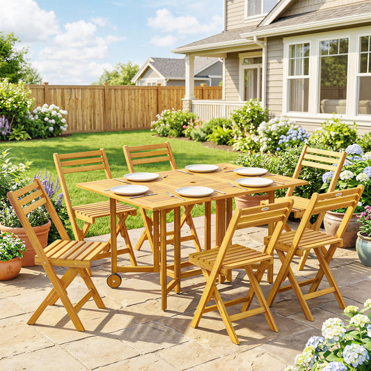 Outsunny 7 Piece Garden Dining Set Extending Table And Six Folding Chairs With Umbrella Hole For Patio Natural Wood