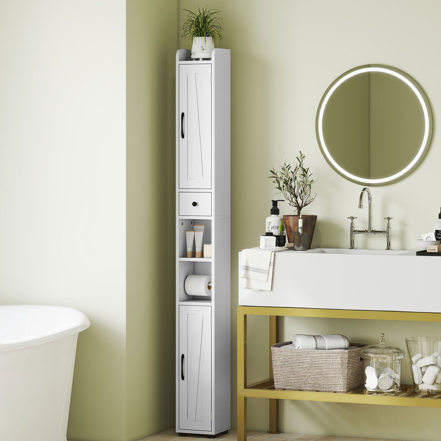 HOMCOM Farmhouse Tall Cabinet With Barn Doors And Toilet Paper Holder Drawer And Adjustable Shelves Narrow White