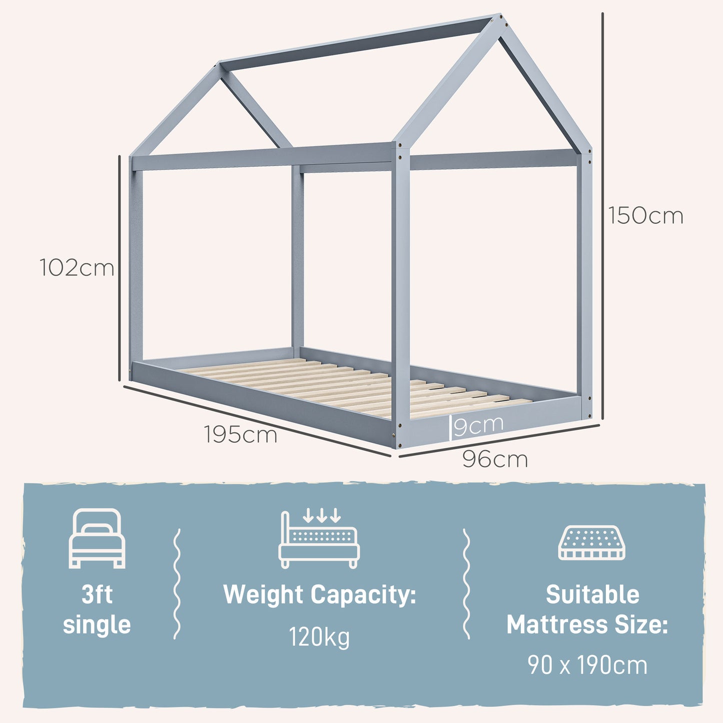 Scandinavian Style House-Shaped Single Bed Frame in Grey for 90W x 190Dcm Mattress - ALL4U RETAILER LTD