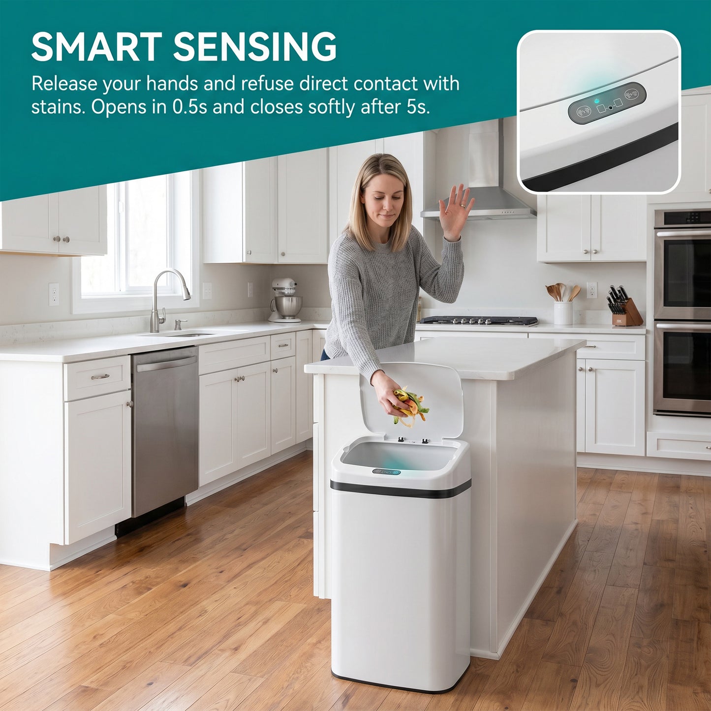 HOMCOM 48L Stainless Steel Sensor Bin With Infrared Touchless Lid White For Easy Family Kitchen Use