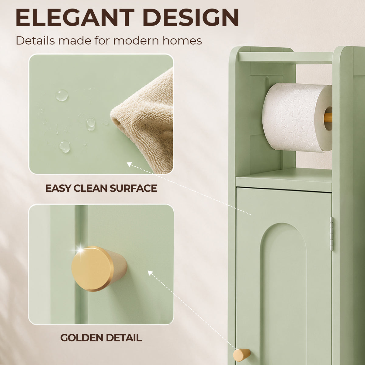 Light green bathroom cabinet with toilet roll holder and gold-tone knob and hinge details