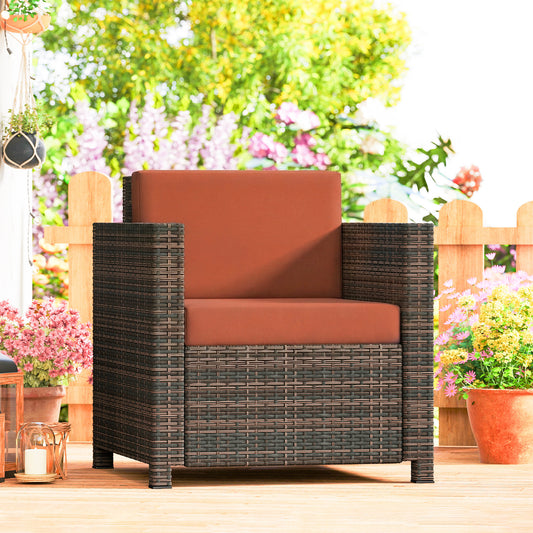 Outsunny PE Rattan Garden Armchair With Cushion In Mixed Brown And Orange Outdoor Patio Furniture