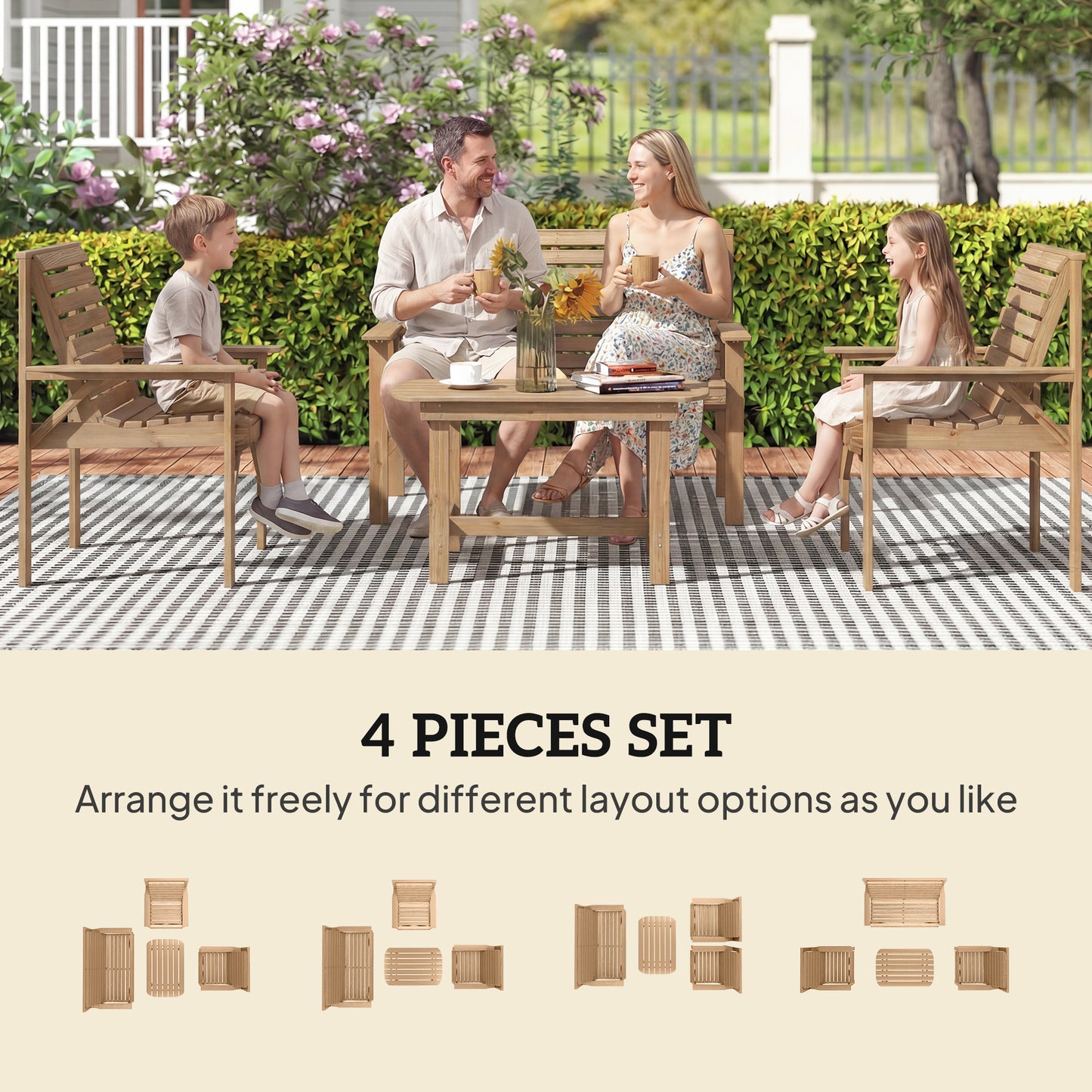 Outsunny 4 Piece Wooden Garden Furniture Set With Two Armchairs Loveseat And Coffee Table Natural Wood Finish