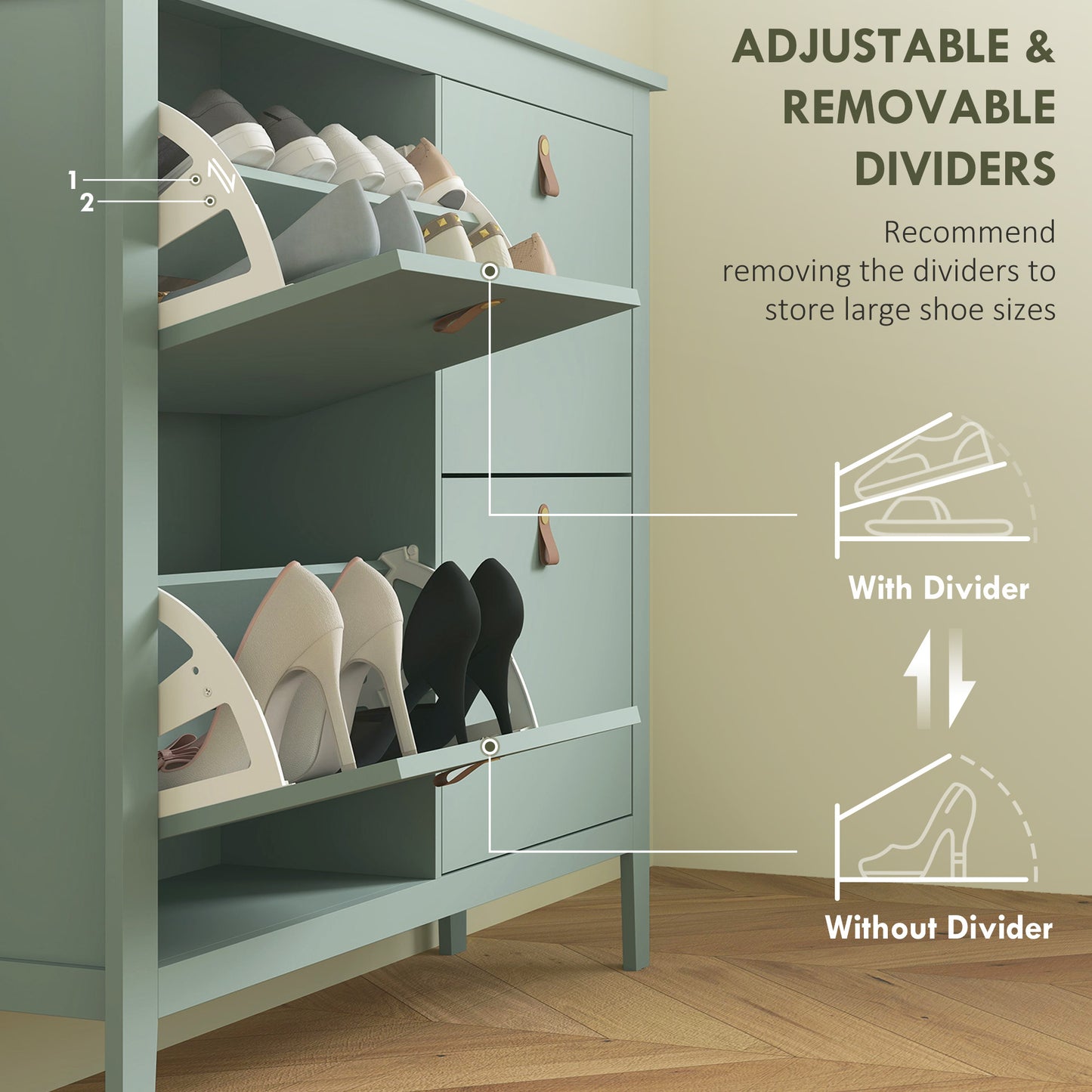 HOMCOM Modern Four Drawer Shoe Cabinet Green Slim Storage Organizer Holds 20 Pairs Shoes