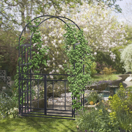 Outsunny Garden Arch With Gates Metal Arbor For Climbing Plants Roses Vines Wedding Arch 114L X 50W X 206H Cm Dark Grey