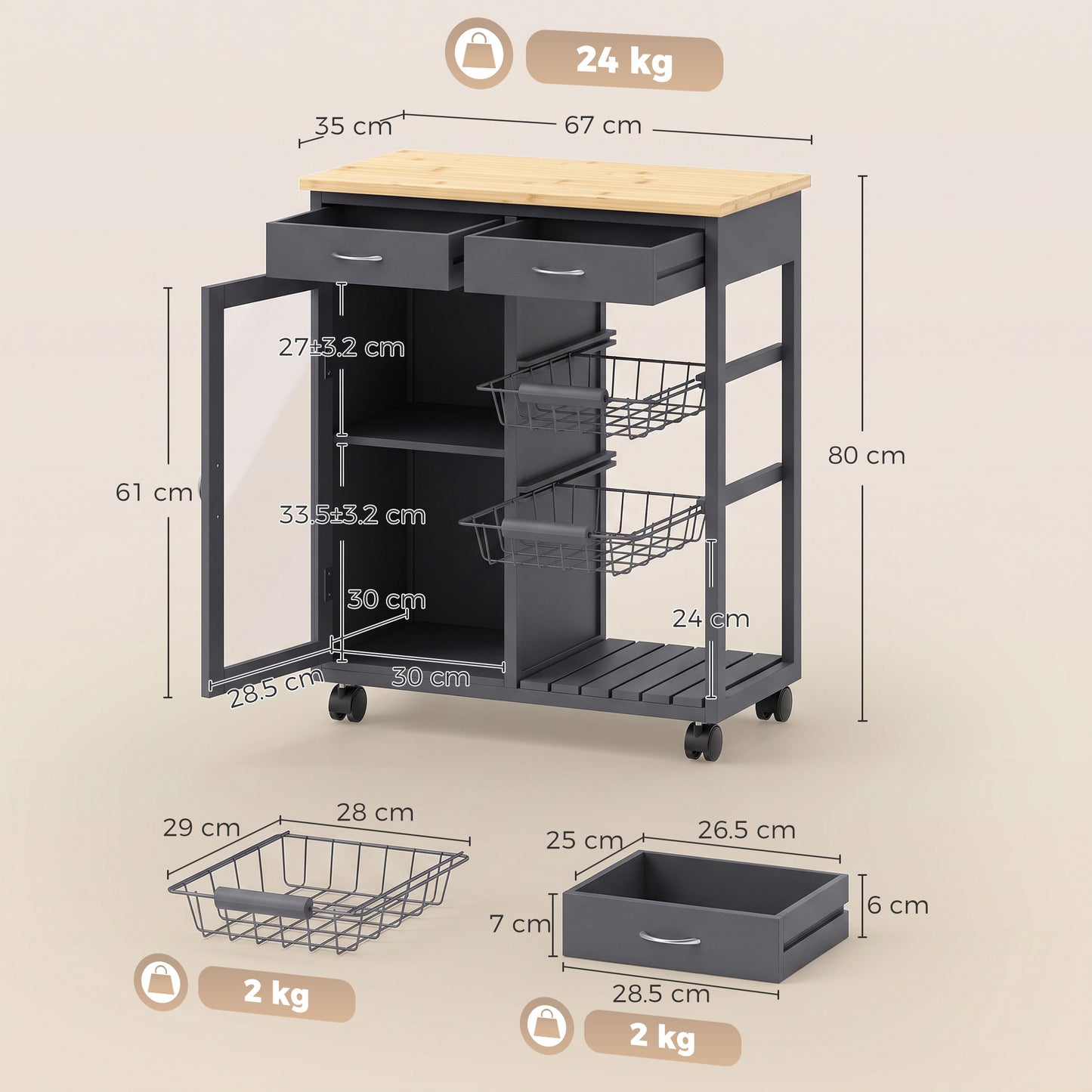 HOMCOM Bamboo Kitchen Island Rolling Trolley With Glass Door And Two Metal Wire Baskets Adjustable Shelf Grey