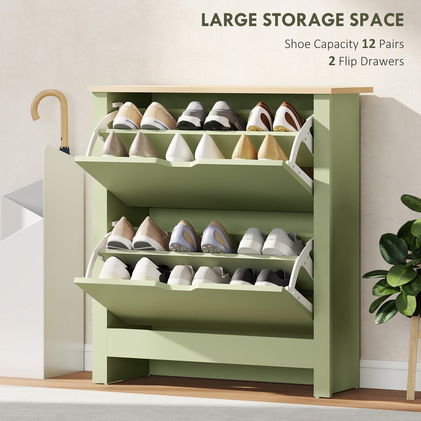 HOMCOM Slim Narrow Shoe Cabinet With 2 Flip Drawers And Adjustable Shelves Holds 12 Pairs Green