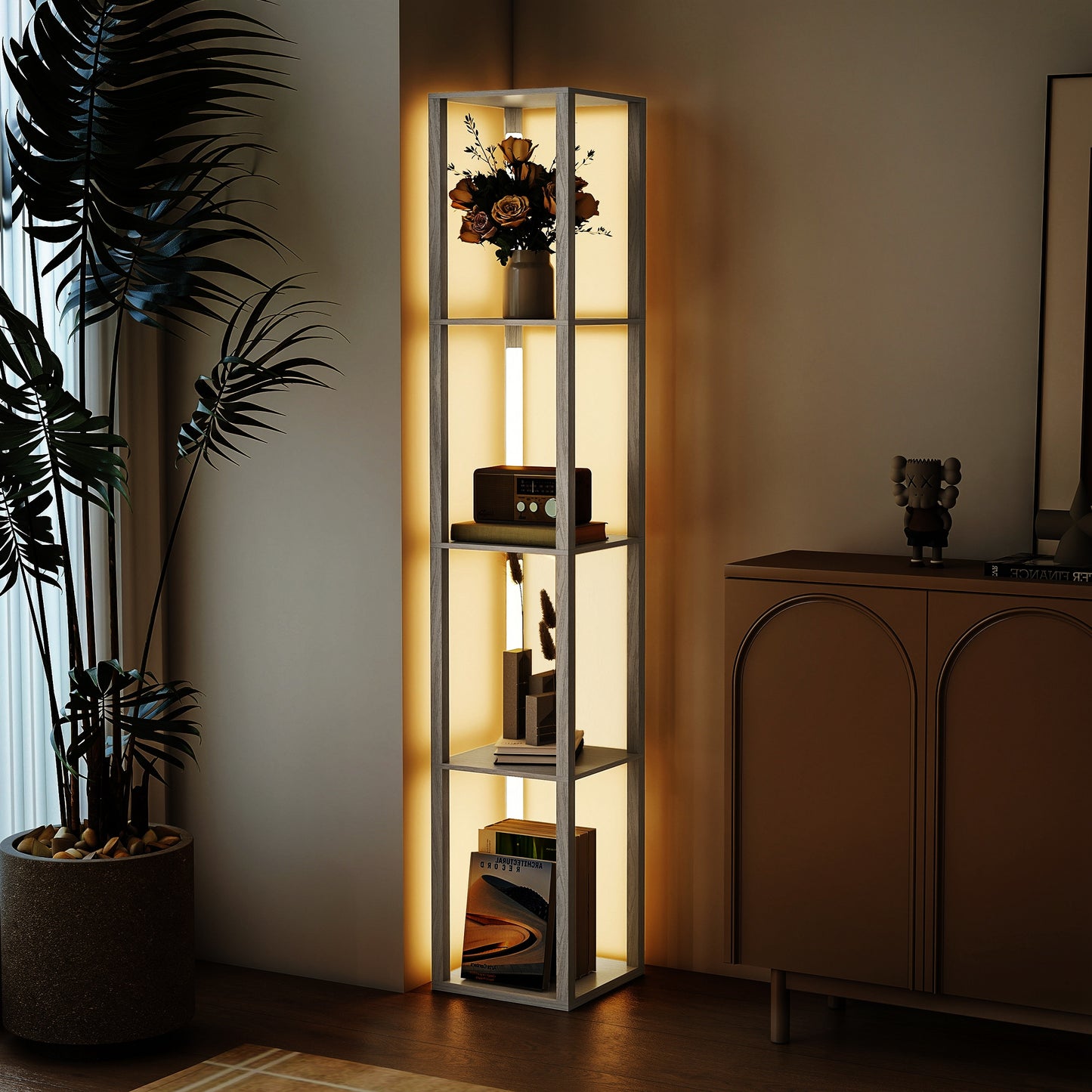 HOMCOM Oak Floor Lamp With Shelves And Three Brightness Levels For Living Room Ambiance