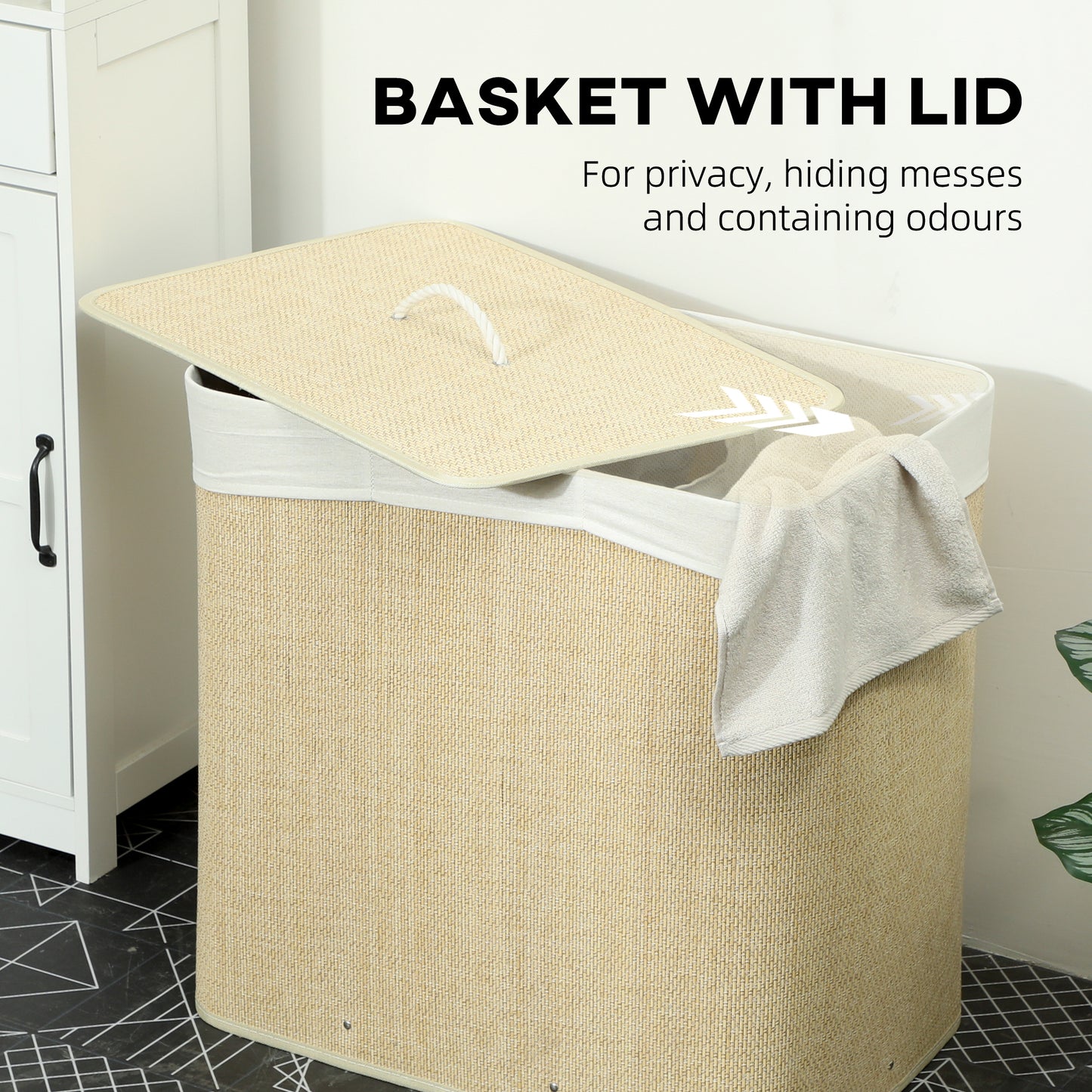 HOMCOM 3 Section Laundry Hamper With Lid 144L Bamboo Laundry Basket With Handles Removable Washable Liner Cream White