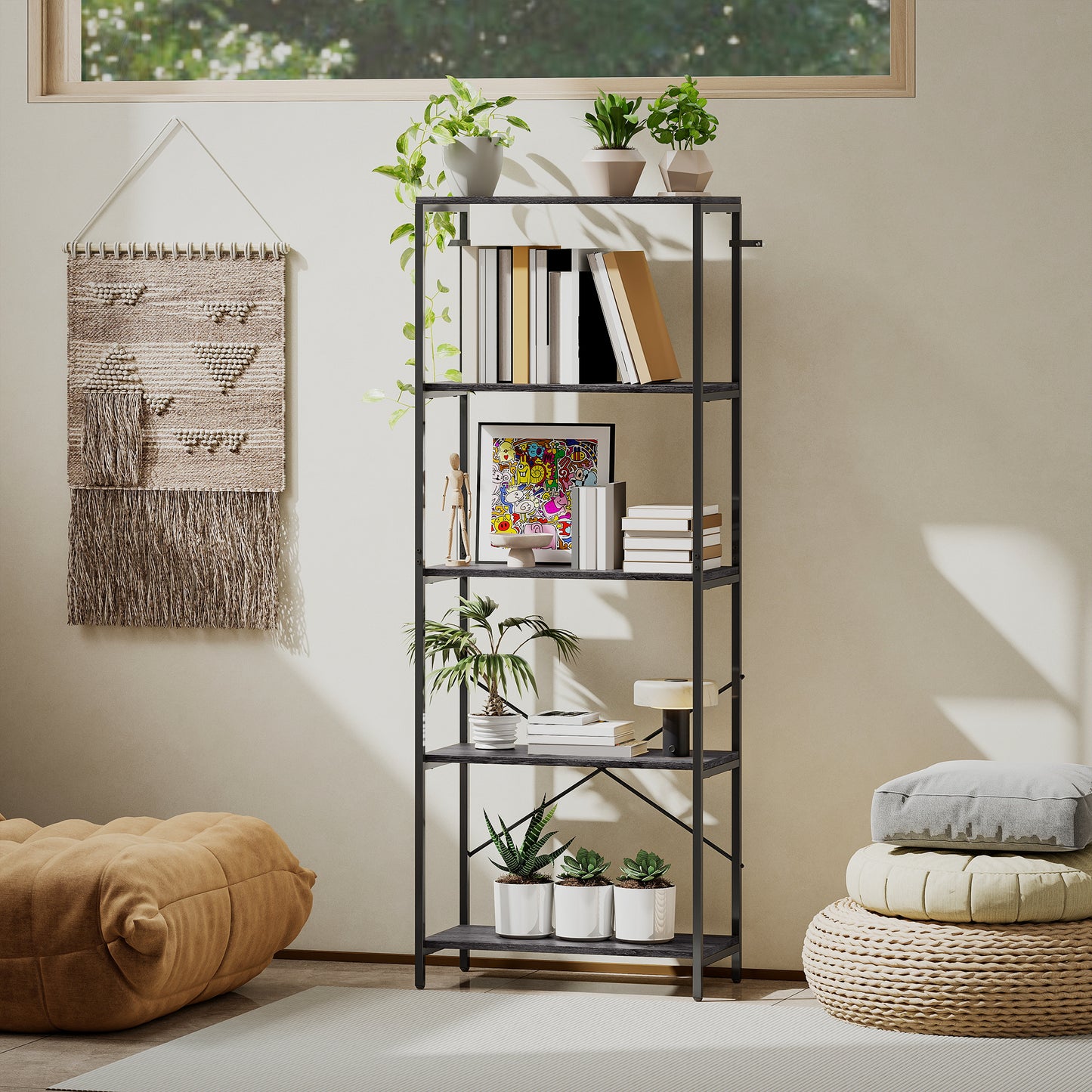 HOMCOM 5 Tier Bookshelf Industrial Bookcase With Metal Frame Black And Dark Wood Effect