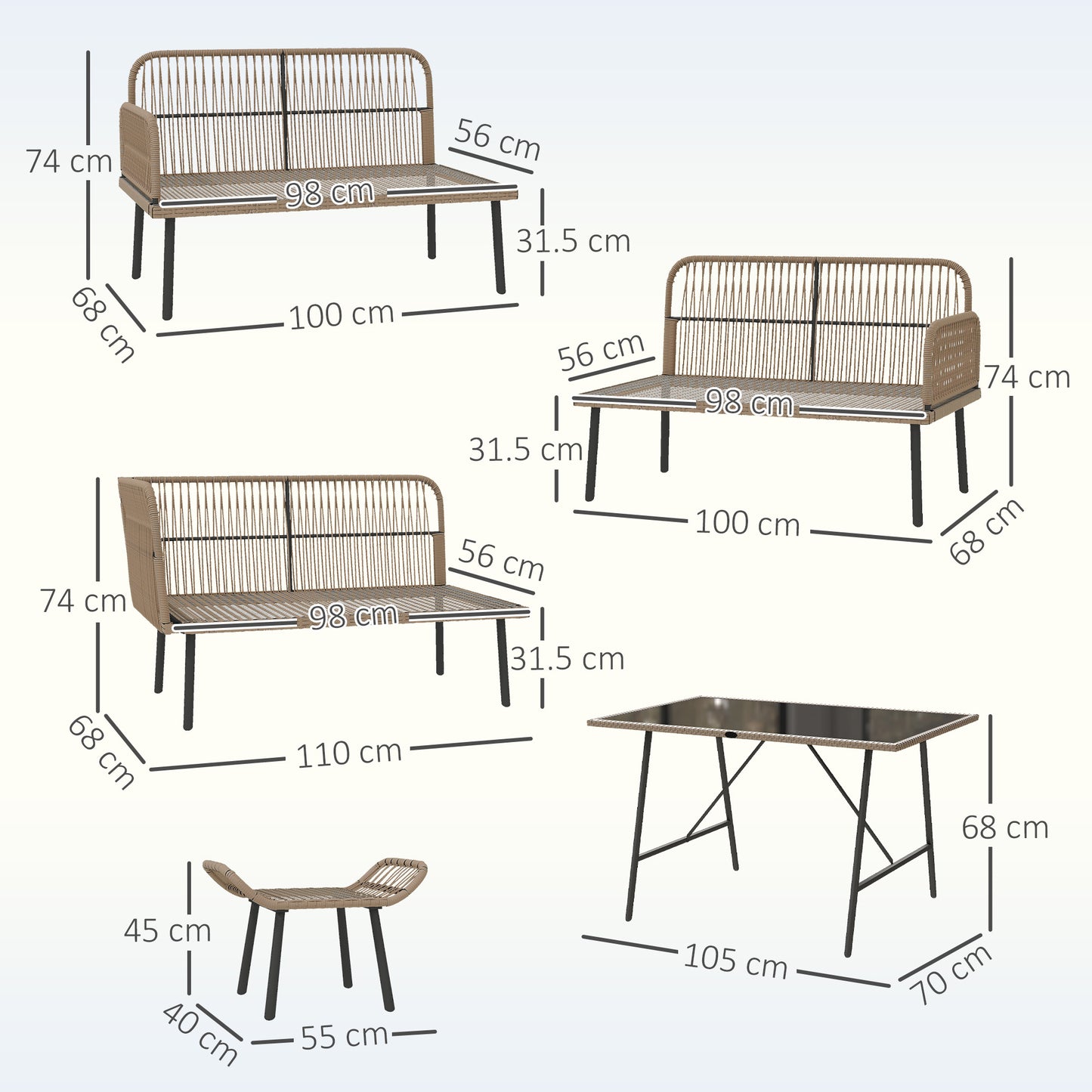 Outsunny 6 Piece Rattan Garden Furniture Set With Cushions And Glass Top Table 8 Seater Cream White