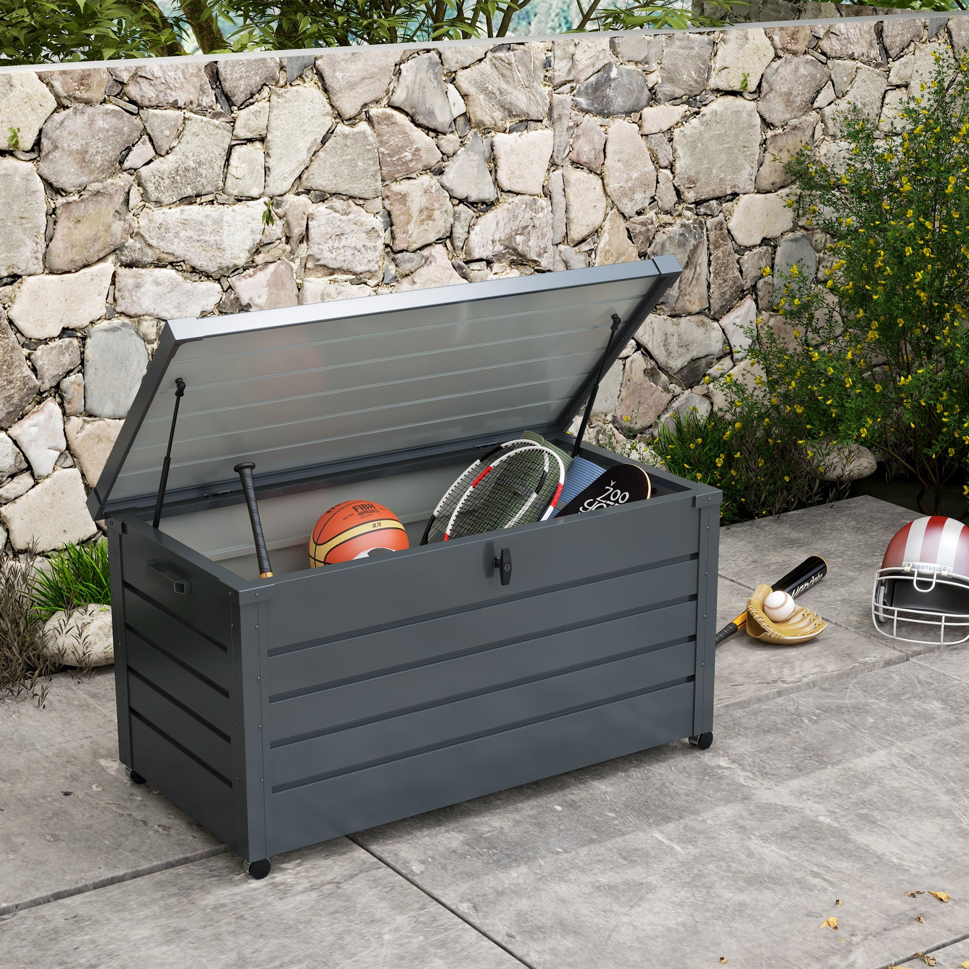 Outsunny Galvanised Steel Outdoor Storage Box with Wheels and Lock, 311L Garden Organizer in Dark Grey - ALL4U RETAILER LTD