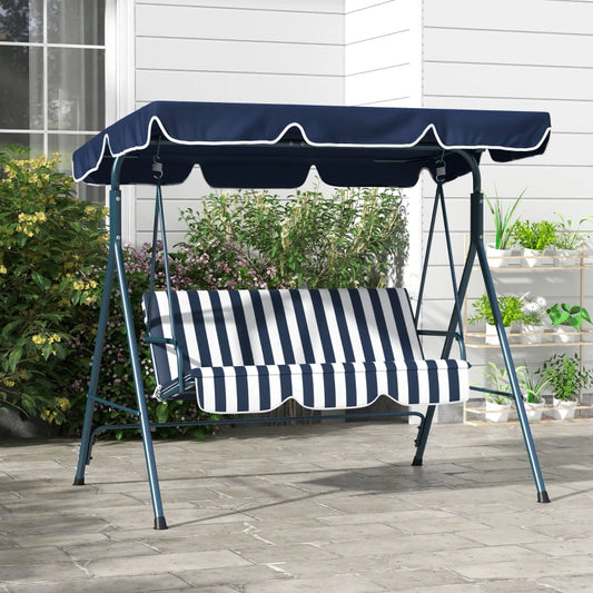 Outsunny 3-Seater Garden Swing Chair with Adjustable Canopy - Blue Stripe - Ideal for Outdoor Relaxation and Comfort