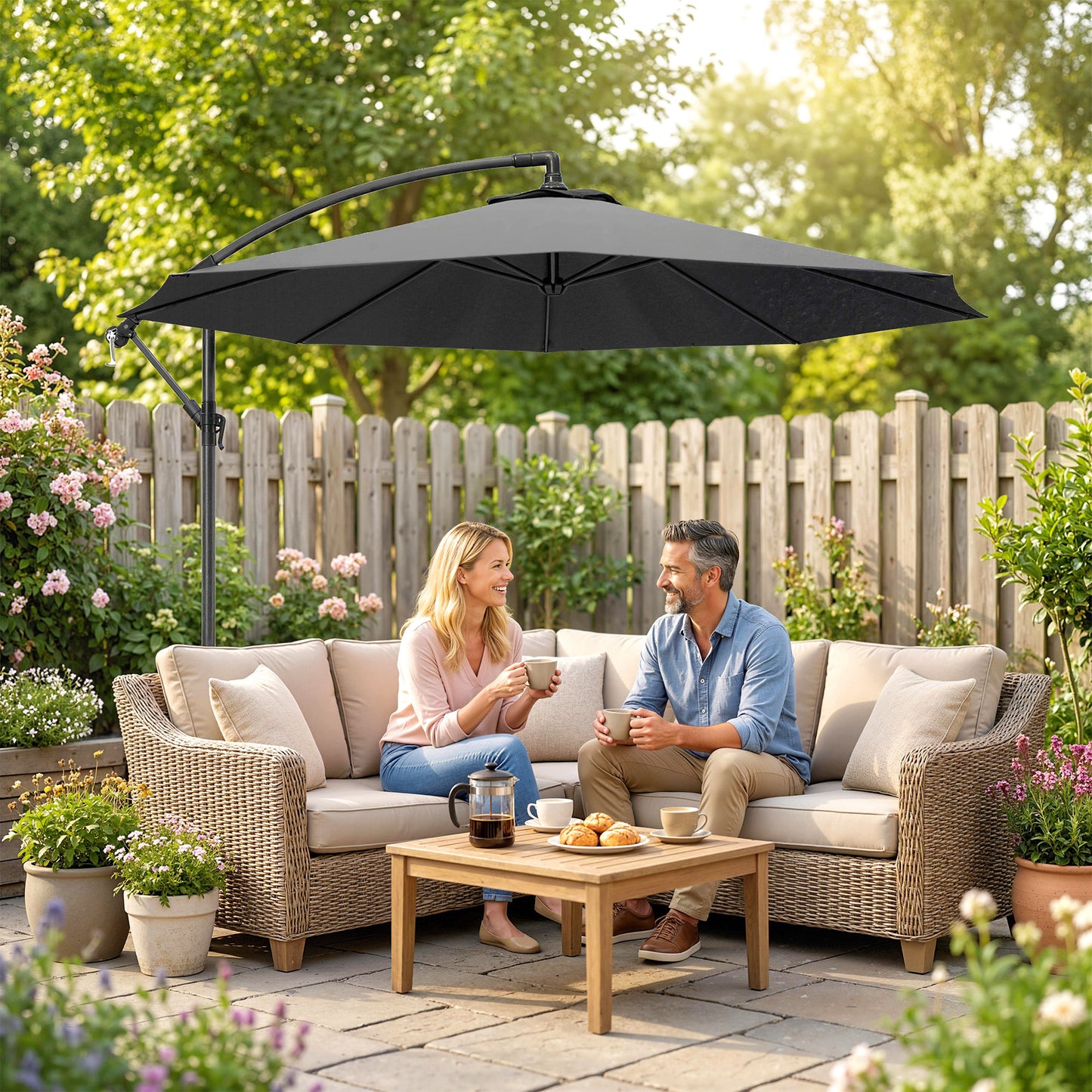 Outsunny 3m Overhanging Cantilever Parasol With Cross Base Grey For Patio And Garden Sun Shade 8 Rib Thick Fabric Canopy