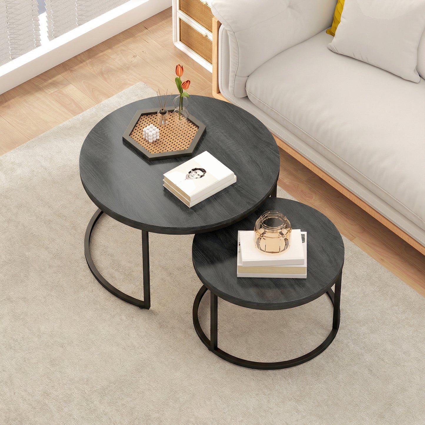HOMCOM Set Of Two Wood Effect Stacking Tables In Black Wood Grain For Space Saving Living Room Decor